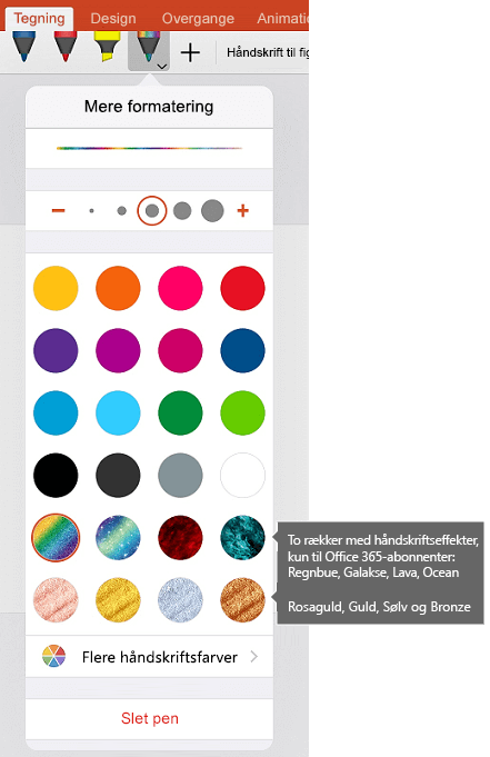 Håndskriftsfarver og -effekter til tegning med håndskrift i Office på iOS