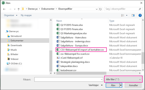 For at finde CSV-filen, skal du sørge for at søge efter Alle filer.