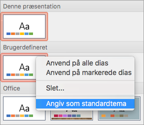 Viser indstillingen Benyt som standardtema for et brugerdefineret tema