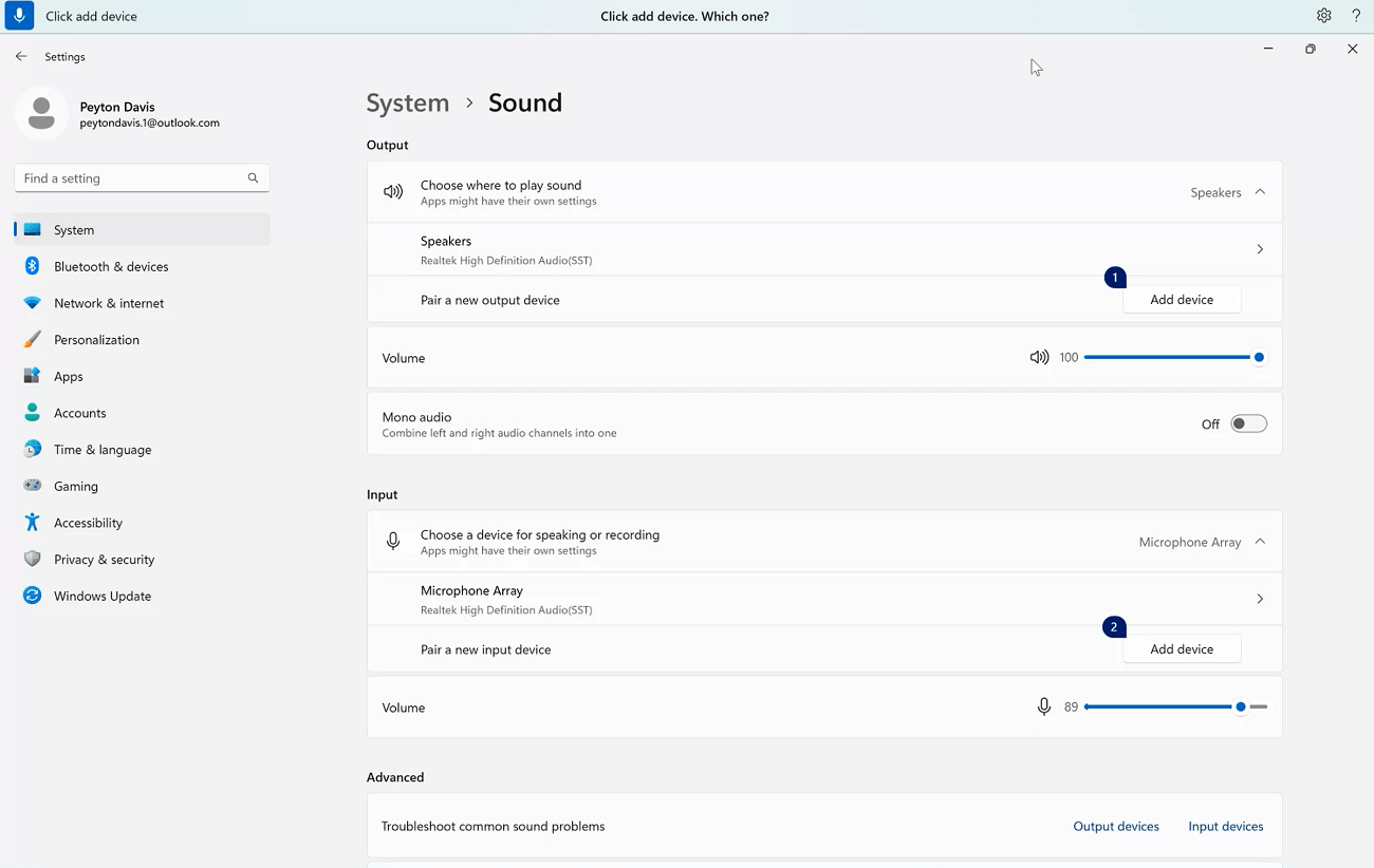 Et eksempel på en stemmeadgangskommando til at administrere flere forekomster, der viser stemmeadgangskommandoen Klik på Tilføj enhed i Lydindstillinger i Windows.