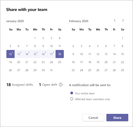 Del en teamplan i Microsoft Teams-vagter