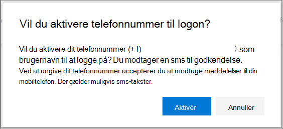 Bekræftelsesdialogboks til aktivering af sms-logon for et telefonnummer