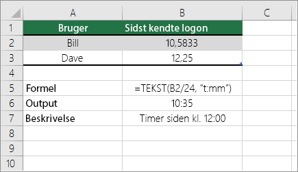 Eksempel: Konvertér timer fra decimaltal til standardtid