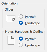 Der er indstillinger for Retning for slides og for noter og uddelingskopier.