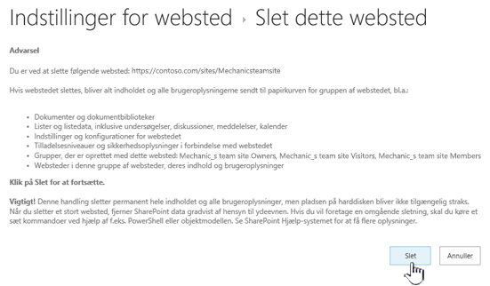 Klik på Slet, hvis du er sikker på, at du vil slette dette teamwebsted