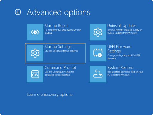 Skærmbillede af Windows RE – avancerede indstillinger.