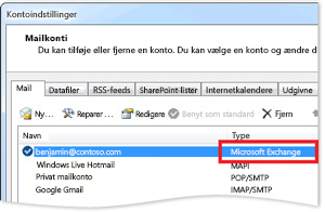 Et eksempel på en Exchange-konto i dialogboksen Kontoindstillinger