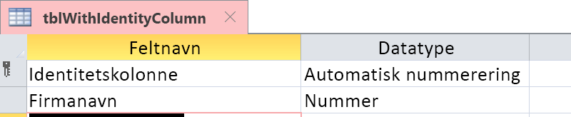 Vis, at identitetskolonnen identificeres som et felt til automatisk nummerering