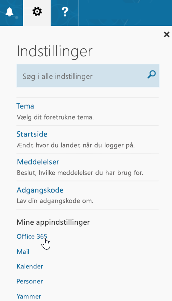 Ruden Indstillinger i Office 365