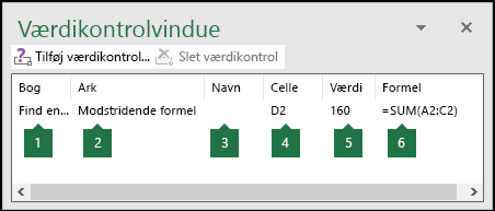 Værdikontrolvinduet gør det nemt at overvåge formler, der bruges i et regneark