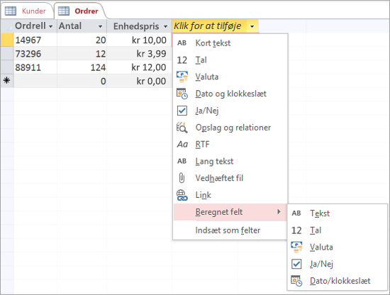 Tilføje et nyt felt med datatypen Beregnet felt