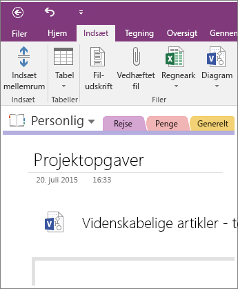 Skærmbillede af hvordan du indsætter et nyt Visio-diagram i OneNote 2016.