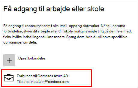 Få adgang til arbejds- eller skoleskærmen med en forbundet contoso-konto