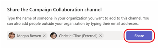 Skærmbillede, der viser, hvordan du deler en kanal med interne og eksterne personer