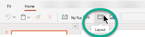 Knappen Layout på fanen Hjem i PowerPoint til internettet.