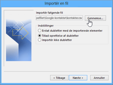 Gå til kontakternes csv-fil, og vælg, hvordan du vil håndtere dubletter