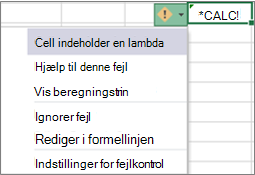 Fejlmeddelelsen og rullelisten for Lambda-fejlen