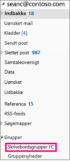 Outlook 2016-navigationsruden med grupper fremhævet