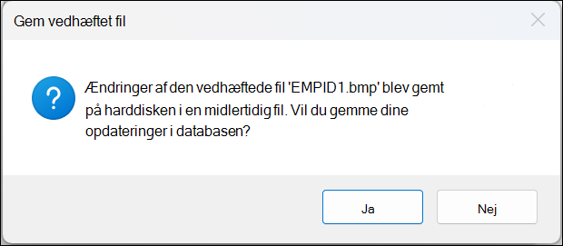 Bekræftelsesdialogboksen Gem vedhæftet fil med knapperne Ja og Nej.