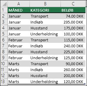 Eksempeldata på husholdningsudgifter til at oprette en pivottabel med måneder, kategorier og beløb