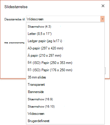 Indstillinger for slidestørrelse i PowerPoint Online