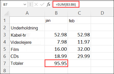 Resultat af Autosum i celle B7