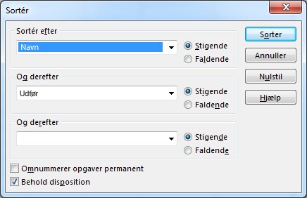 Billede af dialogboksen Sortér