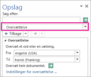 Indstillingen Oversættelse i ruden Opslag