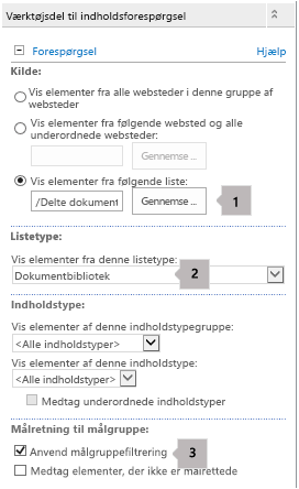 Liste med egenskaber for webdelen Indholdsforespørgsel med tre billedforklaringer