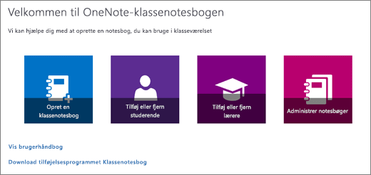 Guiden OneNote-klassenotesbog med ikonerne Opret en klassenotesbog, Tilføj eller fjern studerende, Tilføj eller fjern lærere og Administrer notesbøger.