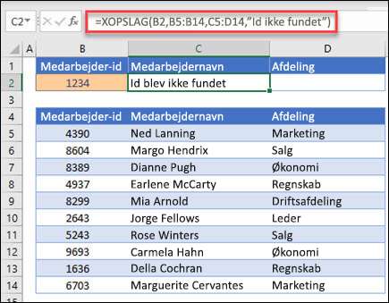 Eksempel på funktionen XOPSLAG, der bruges til at finde et medarbejdernavn og en afdeling baseret på medarbejder-id med argumentet hvis_ikke_fundet. Formlen er =XLOOKUP(B2,B5:B14,C5:D14,0,1, "Medarbejder ikke fundet") 