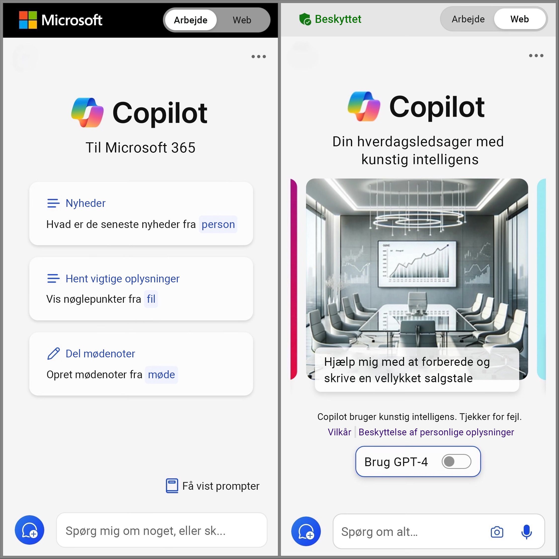 Viser skærmbilledet af Copilot-mobil, der er slået til web og arbejde for at få adgang til chatprompten.
