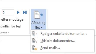 Skærmbillede af fanen Forsendelser i Word, viser kommandoen Afslut og flet fremhævet.