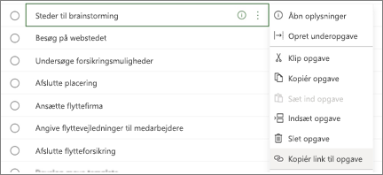 Dialogboks med opgavelister. Knappen Kopiér link til opgave er fremhævet.