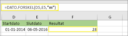 =DATO.FORSKEL(D5,E5,"m") og resultatet: 28