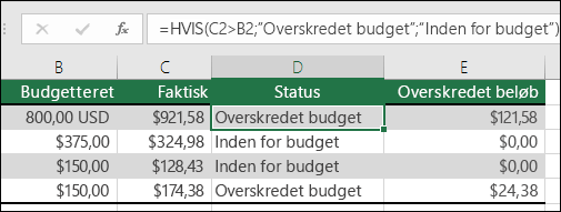 Formlen i celle D2 er =HVIS(C2>B2,”Overskredet Budget”,”Inden for Budget”)