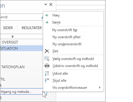 Genvejsmenuen for overskrifter i navigationsruden