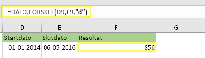 =DATO.FORSKEL(D9,E9,"d") med resultatet 856