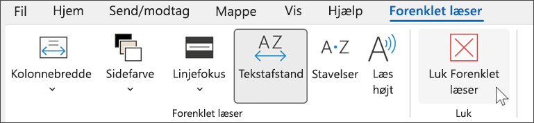 Forenklet læserværktøj i Outlook med markøren pegende over "luk"