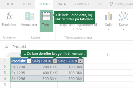 Fanen Indsæt, knappen Tabel, Filtrer-menuer