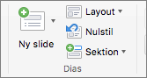 Skærmbilledet viser gruppen Slides med indstillingerne Ny slide, Layout, Nulstil og Afsnit.