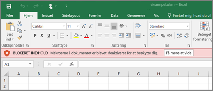 Hvis du forsøger at åbne en fil fra en mistænkelig placering, blokerer Office eventuelle makroer.