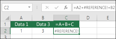 #REFERENCE!- fejl, der er opstået ved at slette en kolonne.  Formlen er ændret til =A2+#REFERENCE!+B2