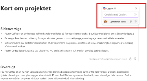 Skærmbillede, der viser tekstfeltet til omskrivning af sideoversigten fra Copilot