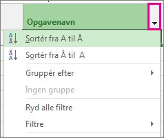 Billede af menuen Opgavenavn med Sortér fra A til Å markeret