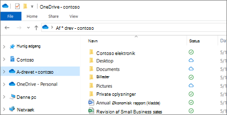 Skærmbillede af OneDrive for Business-filer i Stifinder