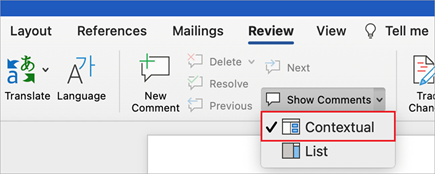 Menuen "Vis kommentarer" udvidet i Word på Mac med indstillingen "Kontekstafhængig" valgt.