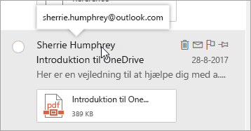 Et skærmbillede af markøren placeret over en afsenders navn