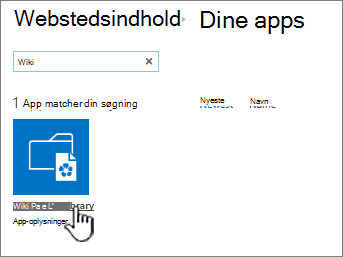 Webstedsindhold med flisen "Wiki-app" fremhævet