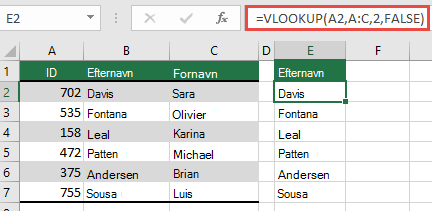 Brug den traditionelle VLOOKUP med en enkelt lookup_value reference: =VLOOKUP(A2,A:C,32,FALSE). Denne formel returnerer ikke en dynamisk matrix, men kan bruges sammen med Excel-tabeller.